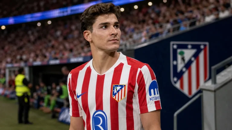 Julian Alvarez in het tenue van Atlético Madrid langs de zijlijn voor een wedstrijd.