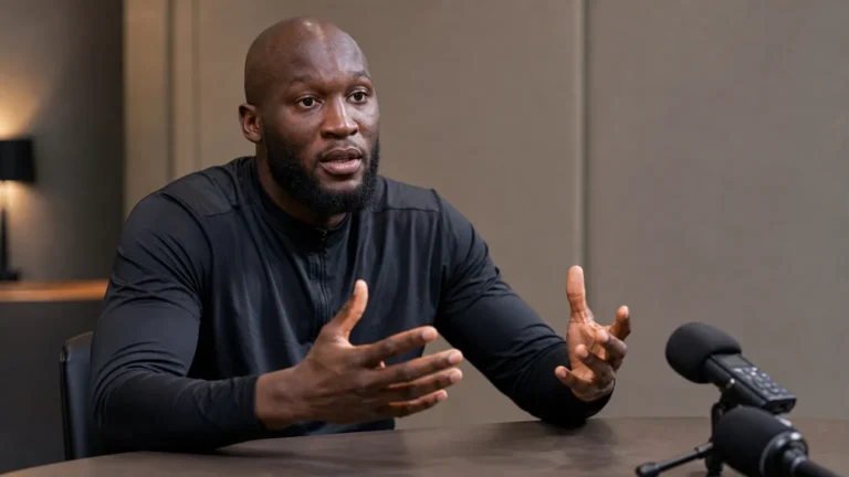 Romelu Lukaku spreekt tijdens een media-interview in een neutrale binnenruimte.