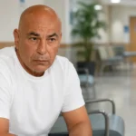 Hossam Hassan zit rustig in een ziekenhuiswachtruimte.
