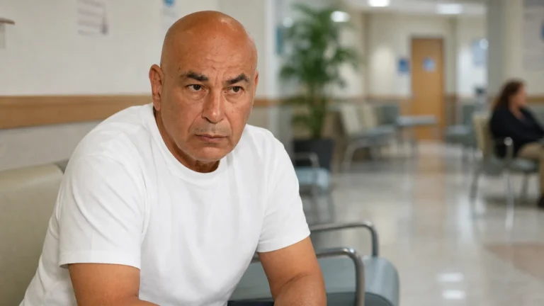 Hossam Hassan zit rustig in een ziekenhuiswachtruimte.