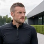 Jamie Vardy in neutrale sportkleding bij een voetbalcomplex.