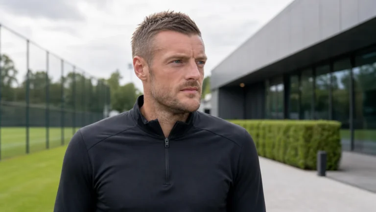 Jamie Vardy in neutrale sportkleding bij een voetbalcomplex.