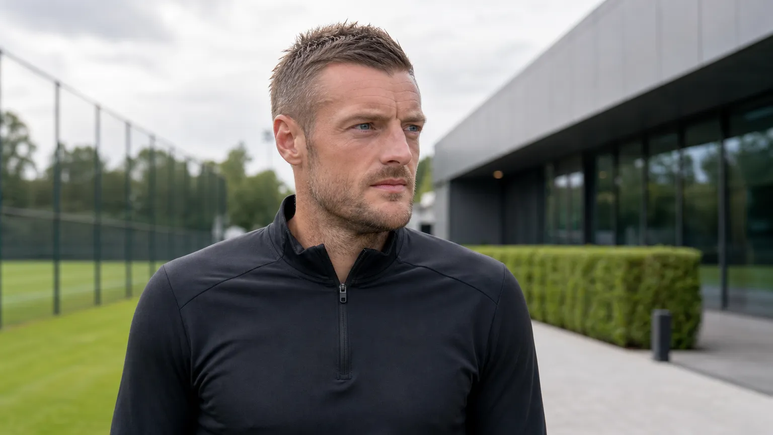 Jamie Vardy in neutrale sportkleding bij een voetbalcomplex.