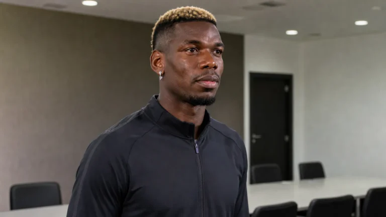 Paul Pogba in neutrale sportkleding in een rustige mediaomgeving.