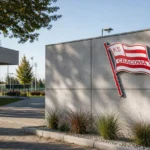 Ingang van het trainingscomplex van KS Cracovia met een clubembleem aan de gevel.