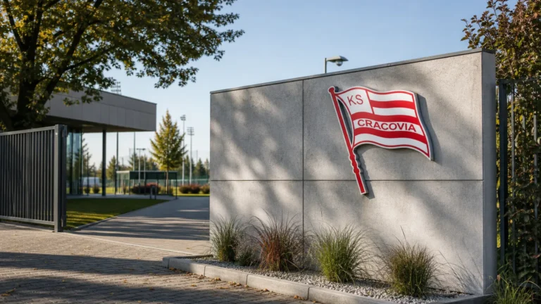Ingang van het trainingscomplex van KS Cracovia met een clubembleem aan de gevel.