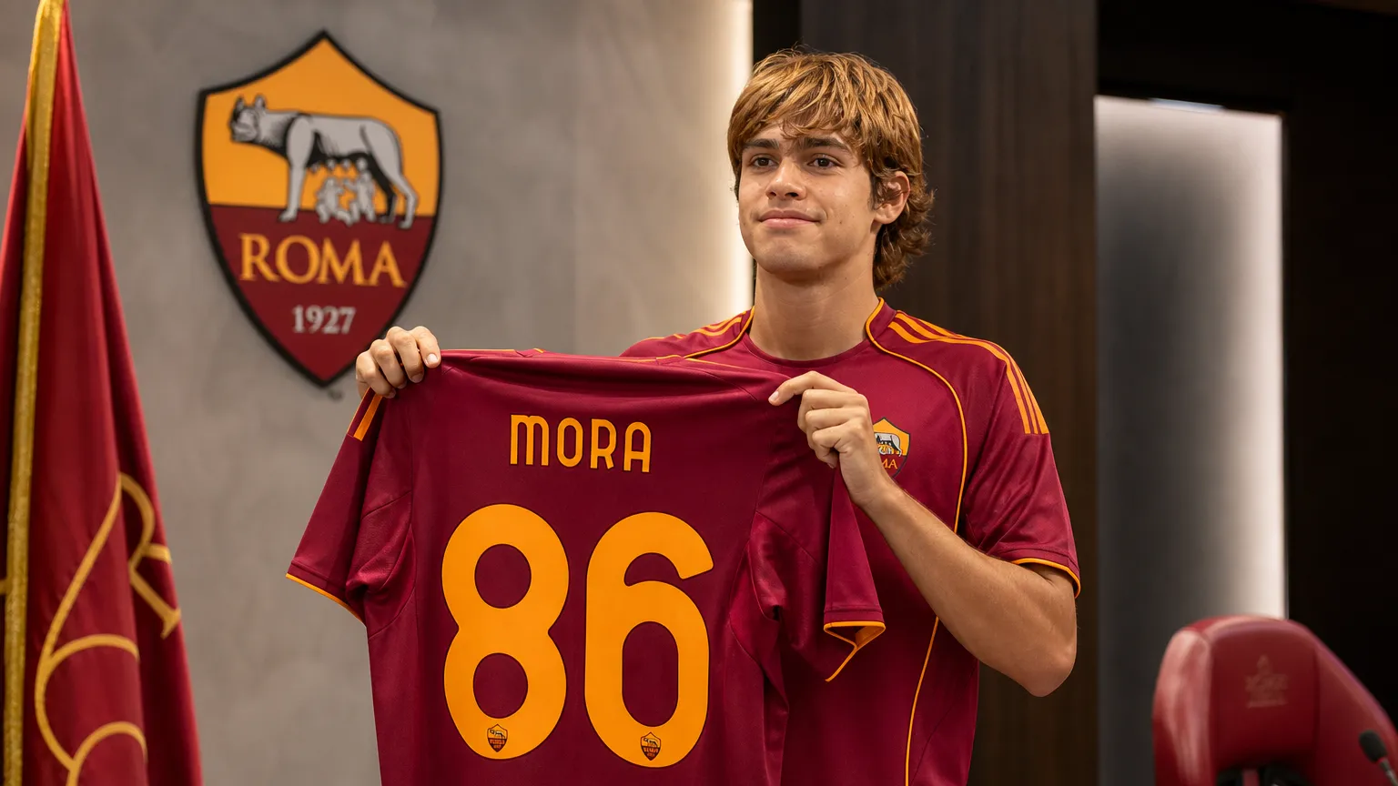Rodrigo Mora poseert met het shirt van AS Roma tijdens zijn officiƫle voorstelling.