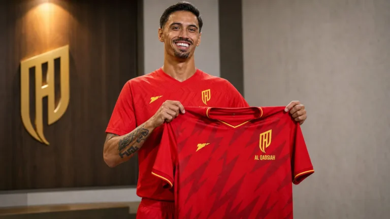 Tijjani Reijnders poseert in het tenue van Al Qadsiah tijdens zijn officiële voorstelling.