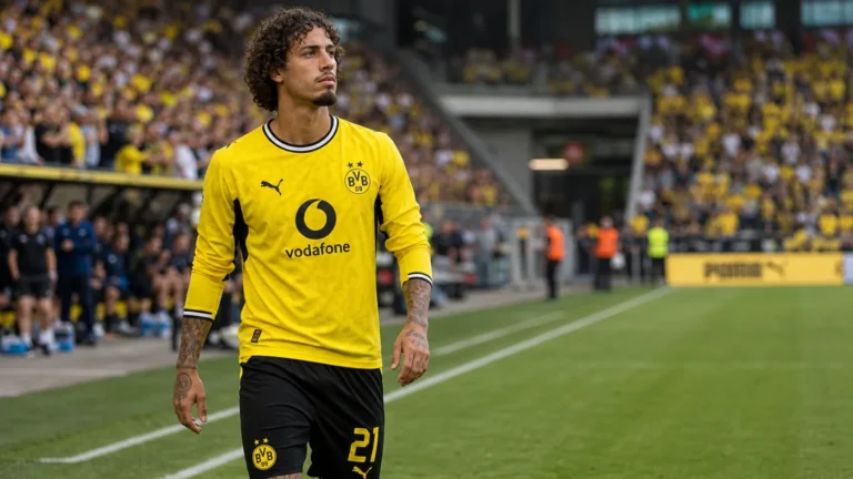 Fabio Silva in het tenue van Borussia Dortmund langs de zijlijn van een voetbalveld.