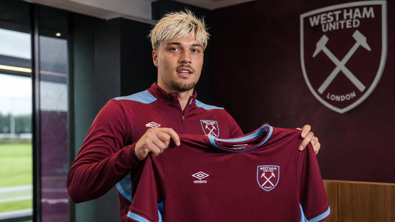 Joël Piroe poseert met een West Ham-shirt tijdens zijn officiële presentatie.