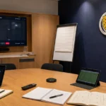 Operationele mediaruimte van de Schotse nationale ploeg met een discreet embleem aan de wand.