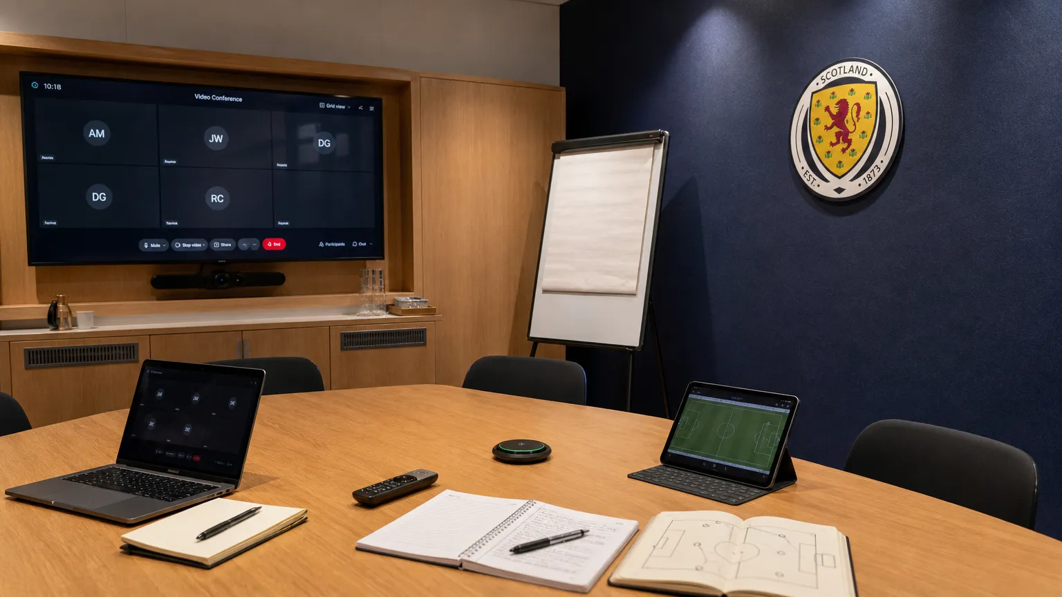 Operationele mediaruimte van de Schotse nationale ploeg met een discreet embleem aan de wand.