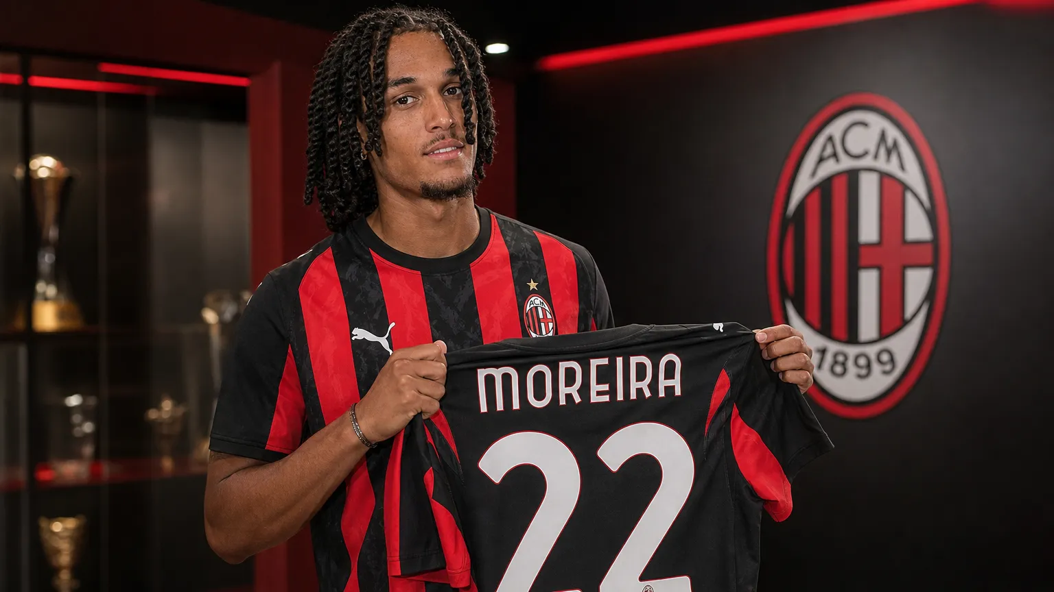 Diego Moreira poseert met het shirt van AC Milan tijdens zijn officiƫle voorstelling.