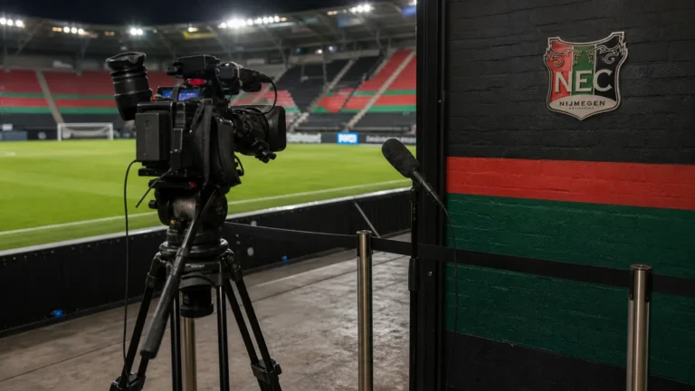 Een operationeel interviewvak naast het veld van NEC na een Europese thuiswedstrijd.