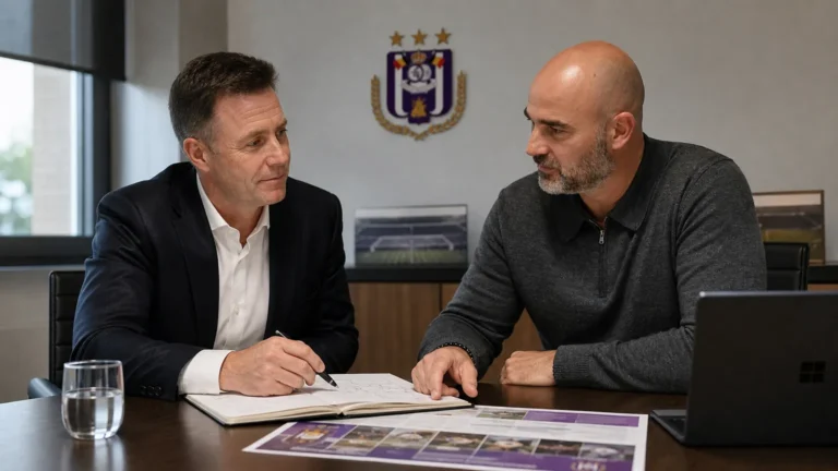 Twee clubverantwoordelijken van RSC Anderlecht in gesprek in een vergaderruimte.