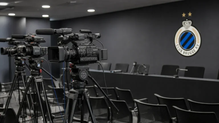 Een actieve Club Brugge-mediaruimte met camera-apparatuur en een discreet clubdetail aan de wand.