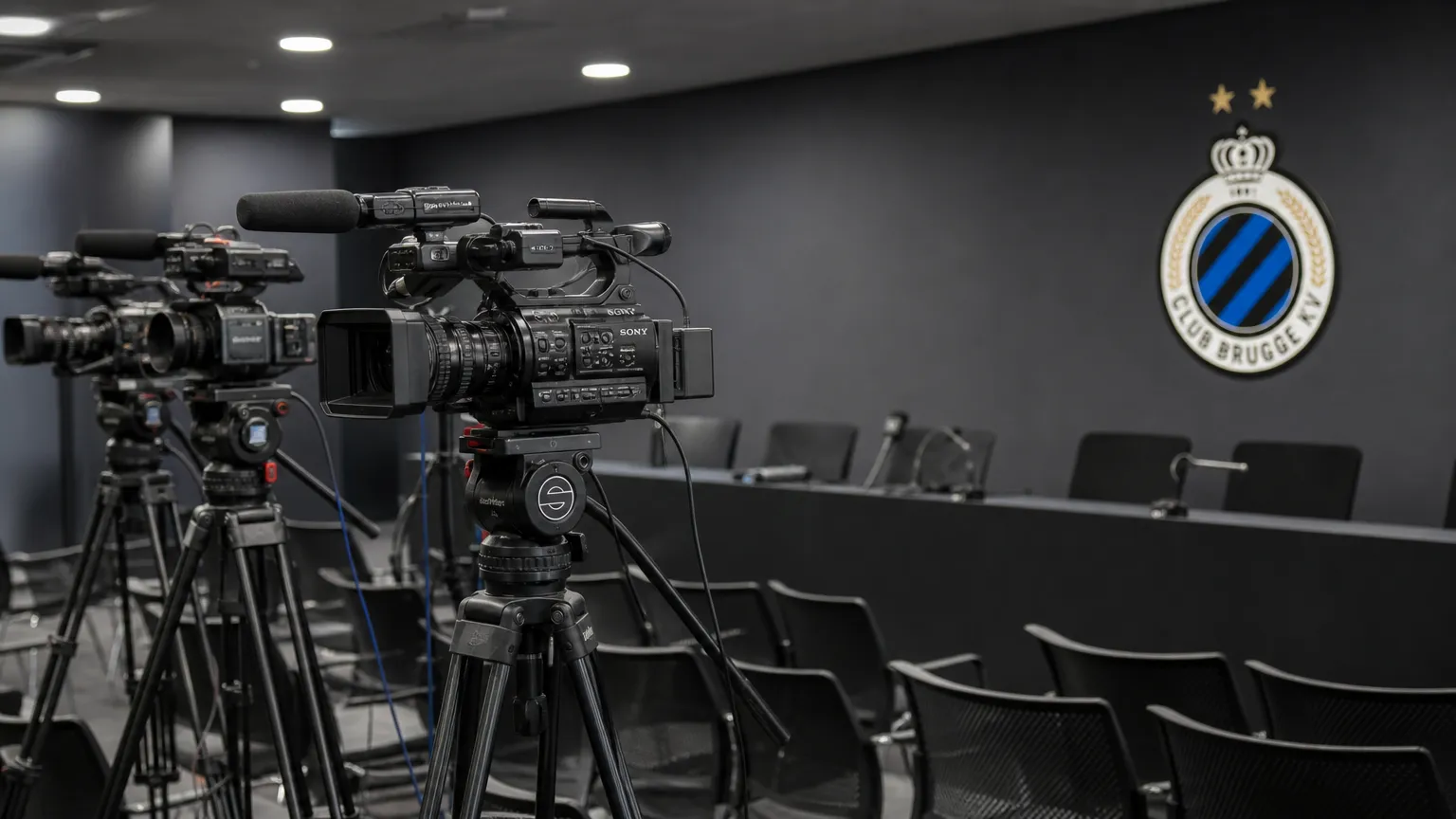 Een actieve Club Brugge-mediaruimte met camera-apparatuur en een discreet clubdetail aan de wand.