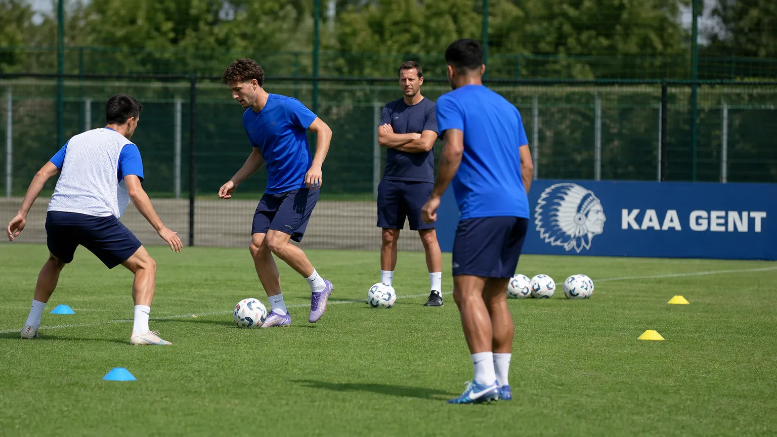 Spelers en staf tijdens een aanvallende oefening op het trainingsveld van KAA Gent