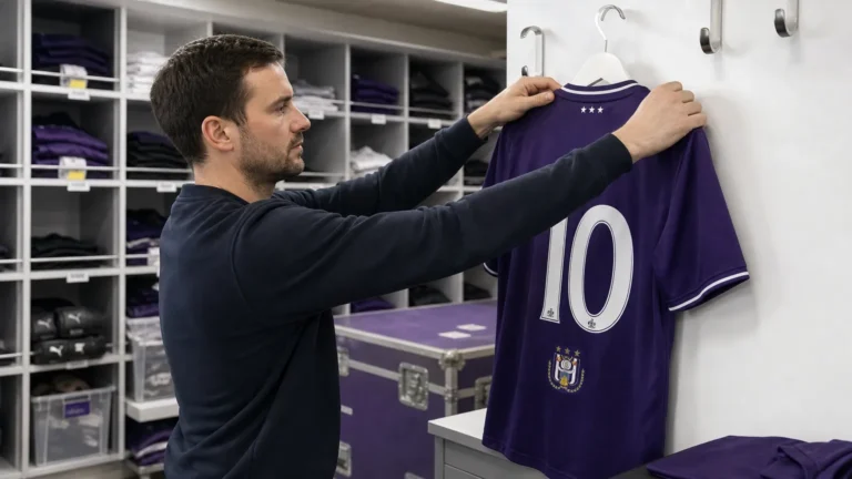 Een stafmedewerker hangt een RSC Anderlecht-shirt met nummer tien in een materiaalruimte.