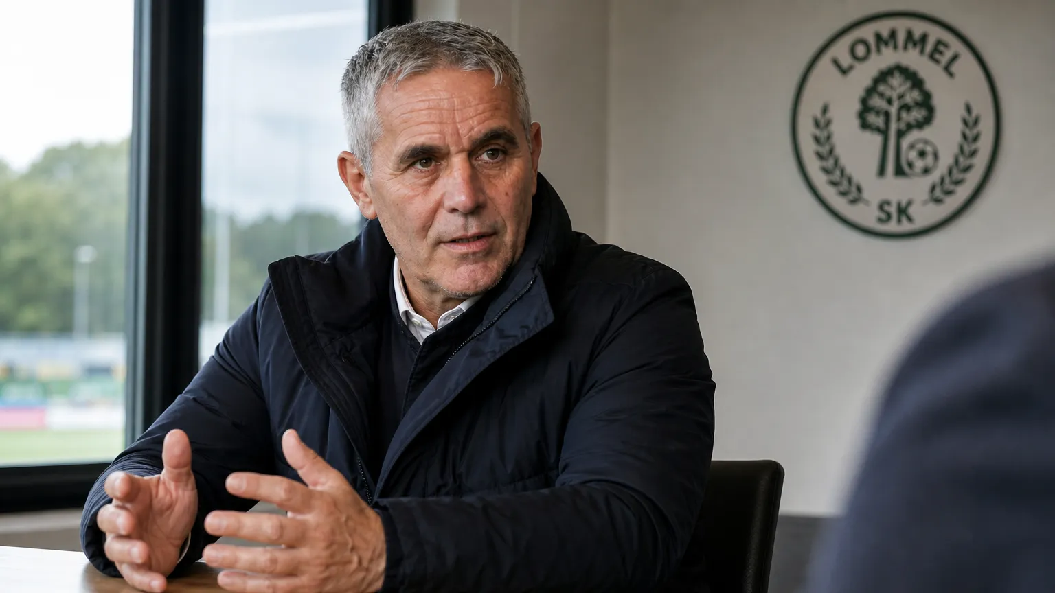 Harm van Veldhoven spreekt in een interviewruimte van Lommel SK.