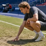 Mika Godts staat naast een beschadigde grasmat in het Parc des Princes.