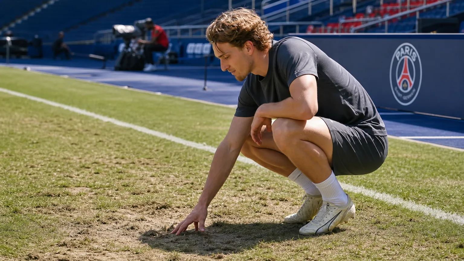 Mika Godts staat naast een beschadigde grasmat in het Parc des Princes.