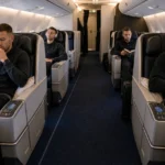 Een voetbaldelegatie zit in een comfortabele chartercabine tijdens een lange vlucht.