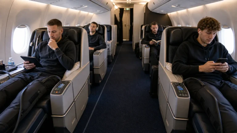 Een voetbaldelegatie zit in een comfortabele chartercabine tijdens een lange vlucht.
