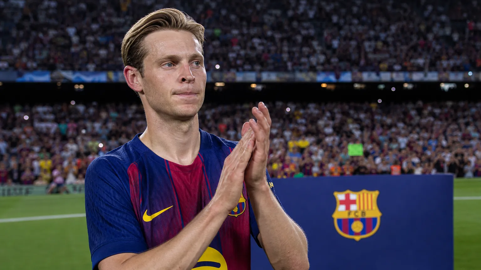 Frenkie de Jong applaudisseert tijdens een presentatie van FC Barcelona in het stadion.