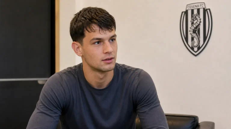 Mihajlo Ilic tijdens een clubinterview in een neutrale ruimte met een discreet Cesena-wanddetail.