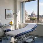 Een voorbereide sportmedische onderzoeksruimte in Rome voor een geplande keuring.