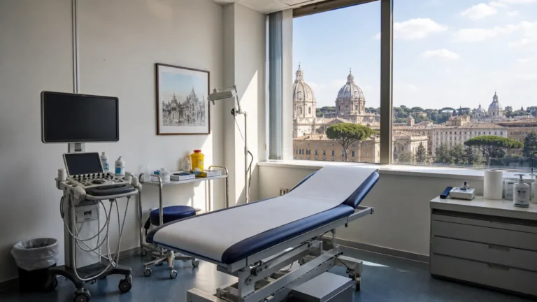 Een voorbereide sportmedische onderzoeksruimte in Rome voor een geplande keuring.