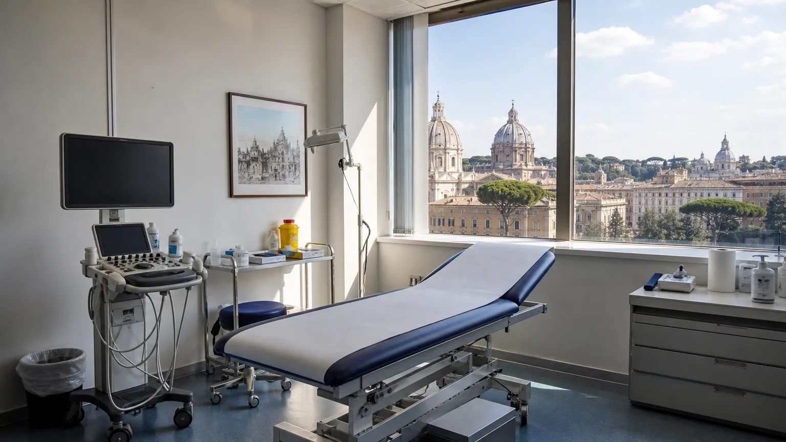 Een voorbereide sportmedische onderzoeksruimte in Rome voor een geplande keuring.