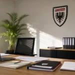 Een kantoorruimte van FC Aarau met een discreet clublogo aan de wand.