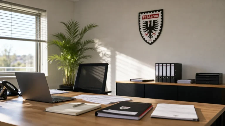 Een kantoorruimte van FC Aarau met een discreet clublogo aan de wand.