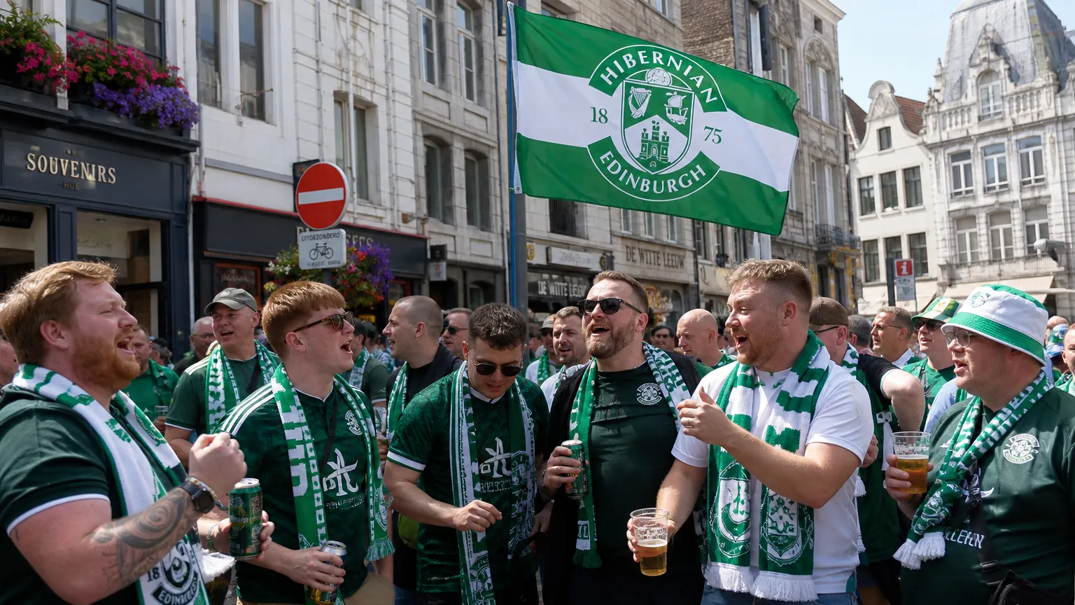 Een groep Hibernian-supporters in groen-witte kleding verzamelt in het centrum van Gent.
