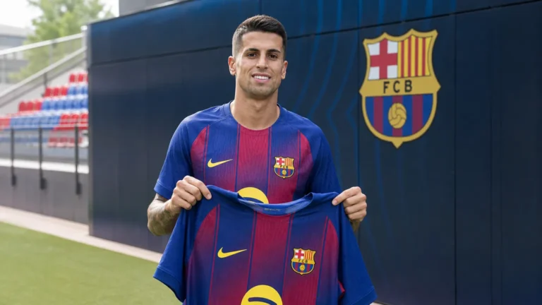 João Cancelo poseert met een FC Barcelona-shirt tijdens een officiële clubpresentatie.