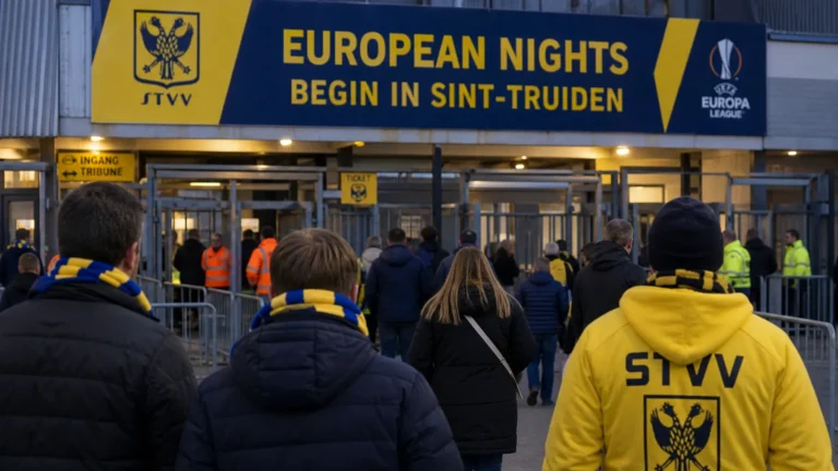 Stadiontoegang in STVV-clubkleuren met aankomende bezoekers op een wedstrijddag.