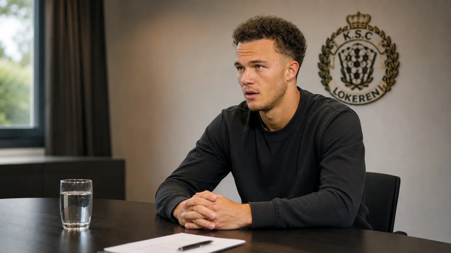Tein Troost zit in een neutrale vergaderruimte bij KSC Lokeren.