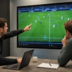 Medewerkers overleggen in een analysezaal van Club Brugge met een discreet clubembleem aan de wand.