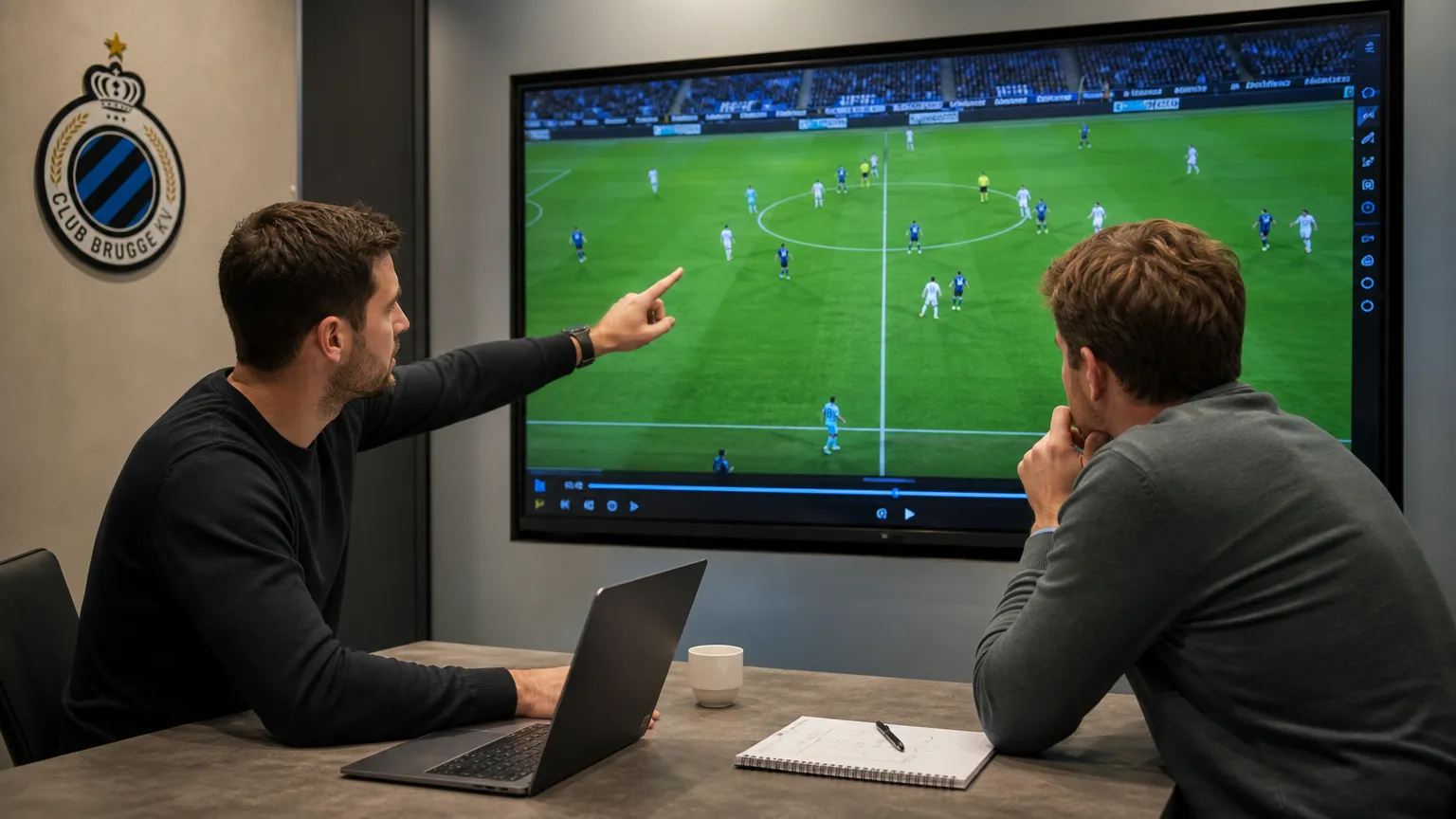 Medewerkers overleggen in een analysezaal van Club Brugge met een discreet clubembleem aan de wand.
