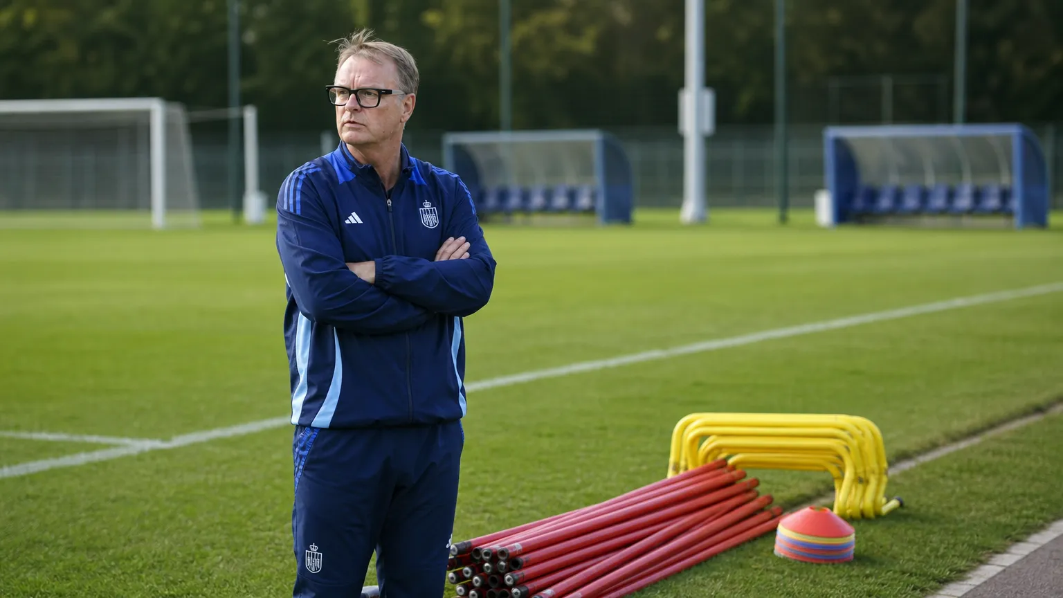 Piet Erauw staat met trainingsmateriaal op een voetbalveld.