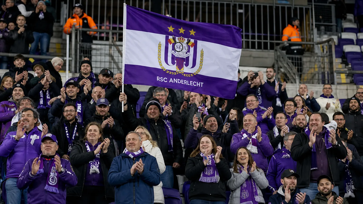 Supporters van RSC Anderlecht vieren in de tribune met paars-witte vlaggen.