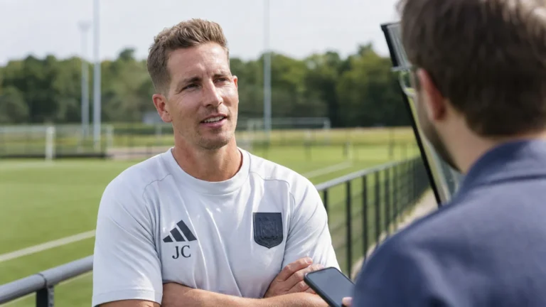 Jelle Coen spreekt langs een oefenveld van Anderlecht.
