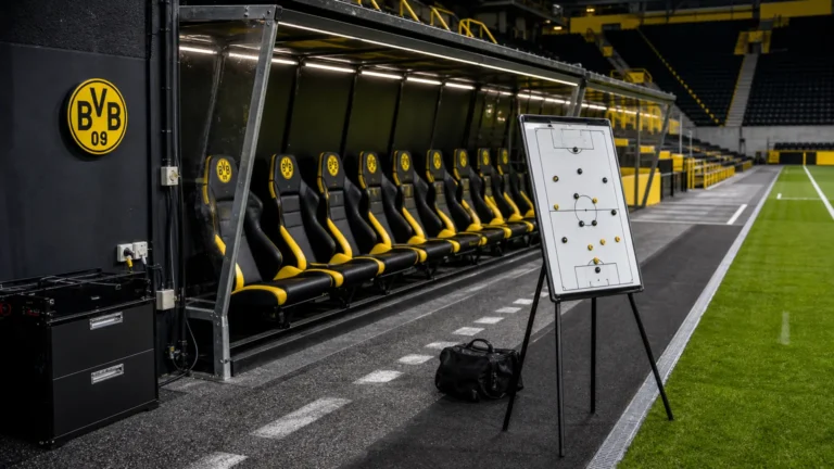 De technische zone van Borussia Dortmund in een rustig stadion vlak voor een wedstrijd.