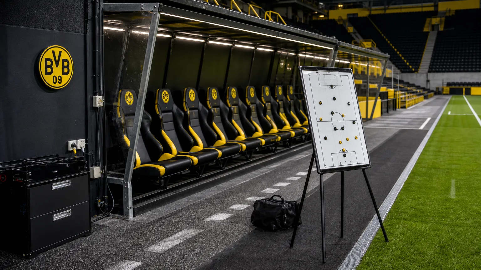 De technische zone van Borussia Dortmund in een rustig stadion vlak voor een wedstrijd.