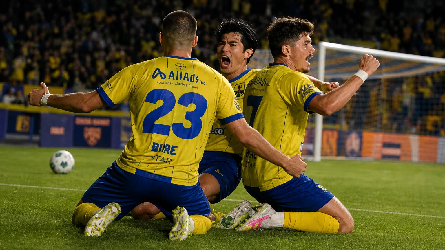 STVV-spelers vieren samen een beslissend moment in een Europese wedstrijd.
