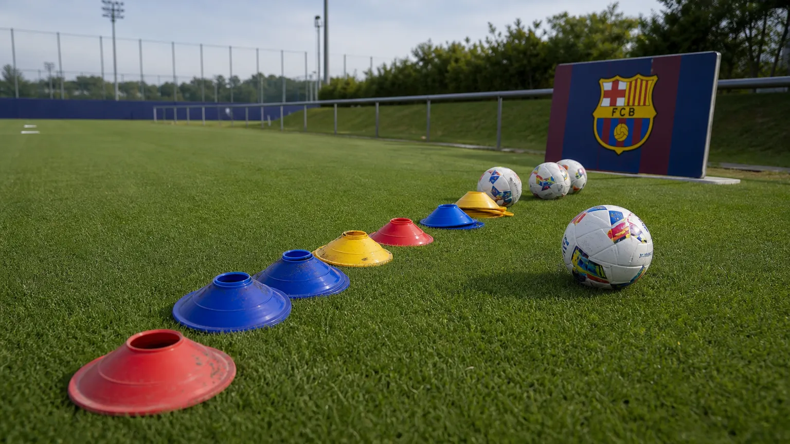 Trainingsmateriaal op een oefenveld met een discreet FC Barcelona-bord langs de zijlijn.
