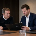 Twee clubmedewerkers bespreken documenten in een Ajax-kantoor met een discreet clubembleem aan de wand.