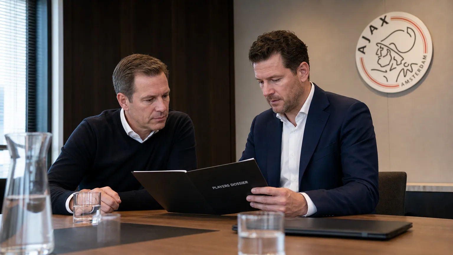 Twee clubmedewerkers bespreken documenten in een Ajax-kantoor met een discreet clubembleem aan de wand.